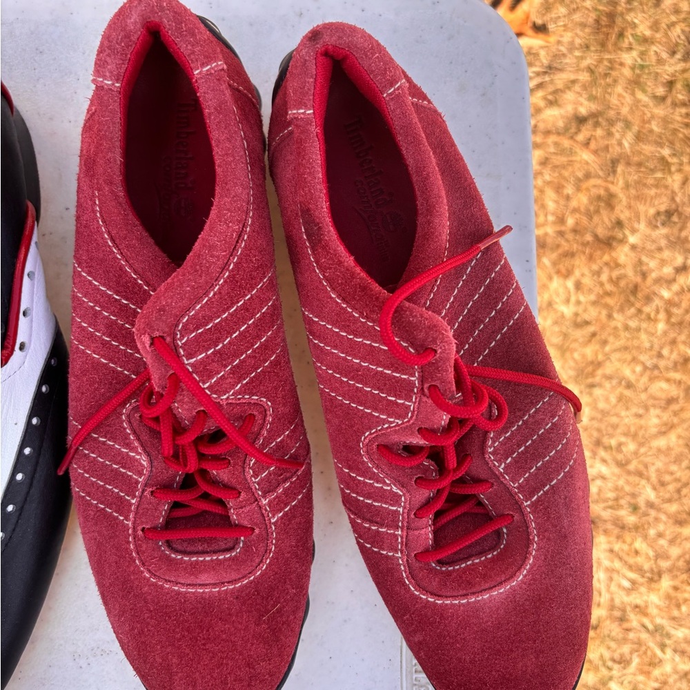 Timberland Red Suede Sneakers with White Stitching